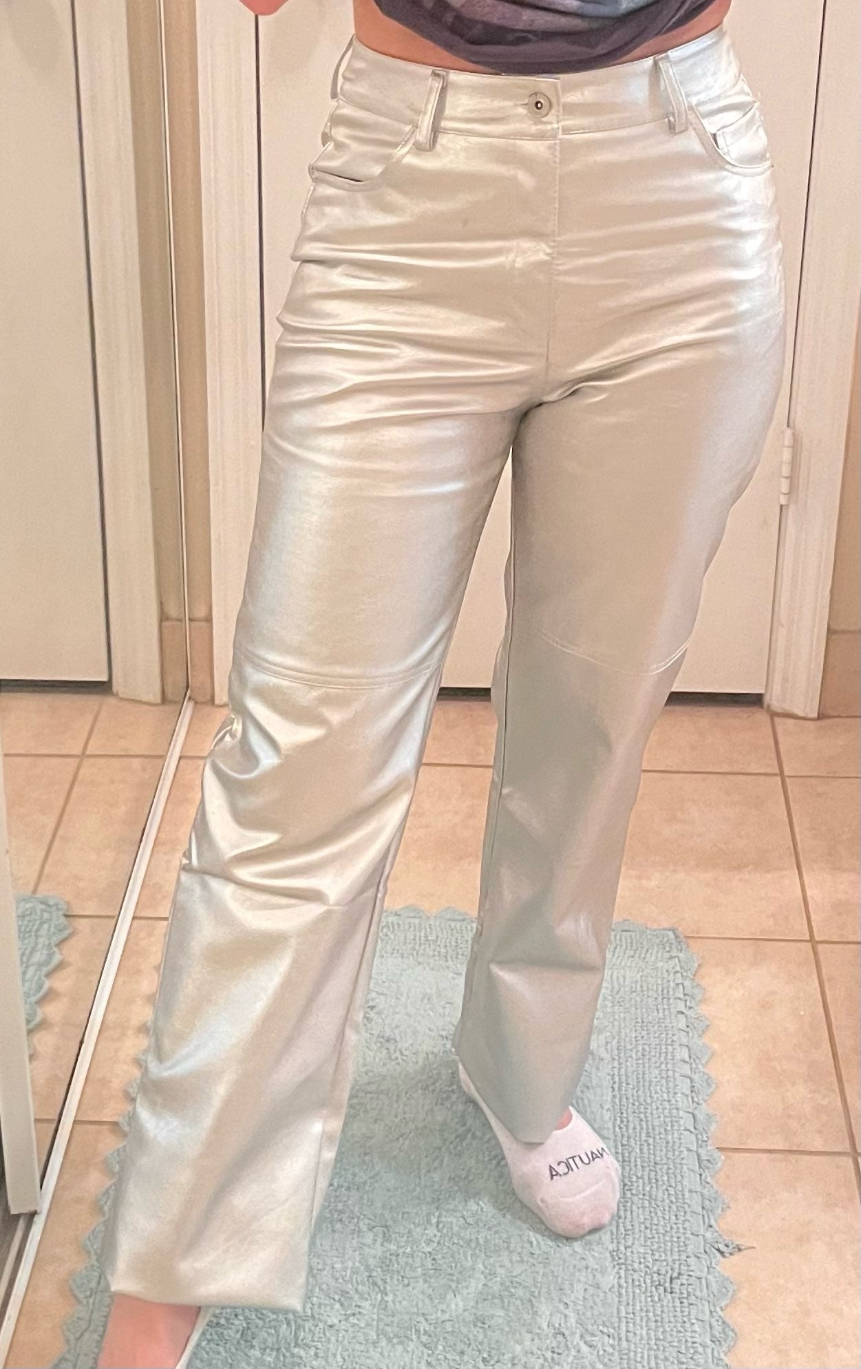 Silver Metallic Trousers Faux Vegan Leather High Waist Pants
