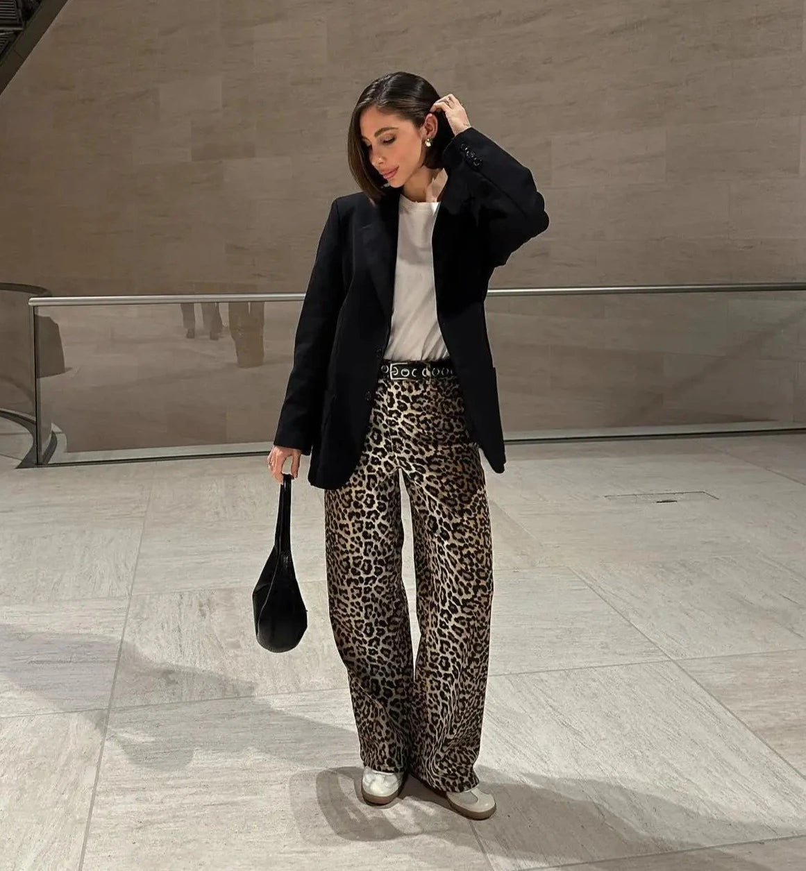 Leopard Print Wide Leg Straight Trousers