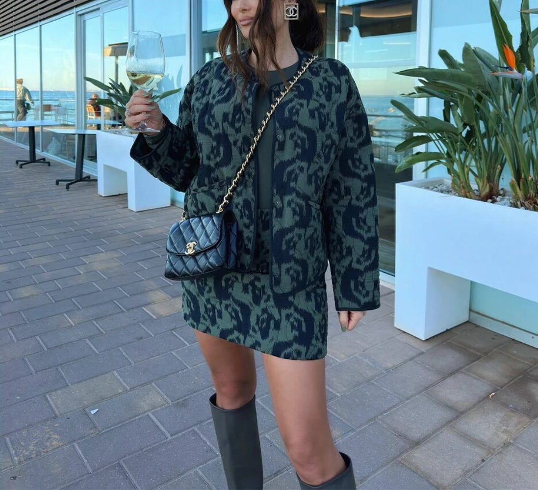 Green Print Quilted Jacket and Skirt