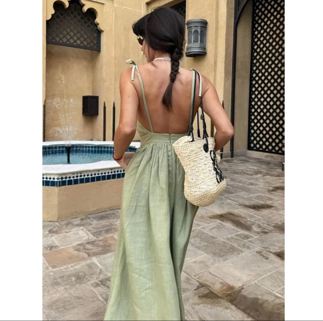 Open Back Cotton Dress with Ties