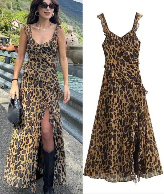 Ruffled Animal Print Long Dress