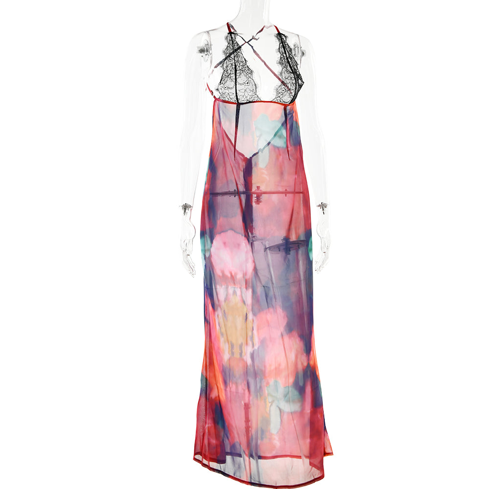 Floral Lace Tie Dye Long Slip Dress