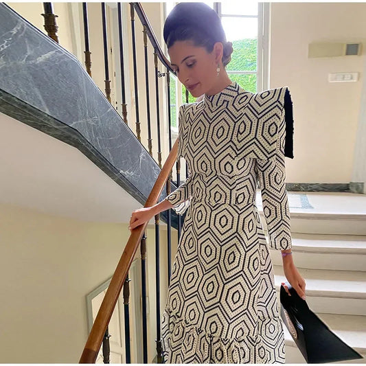Geometric Print Long Dress with Shoulder Detail