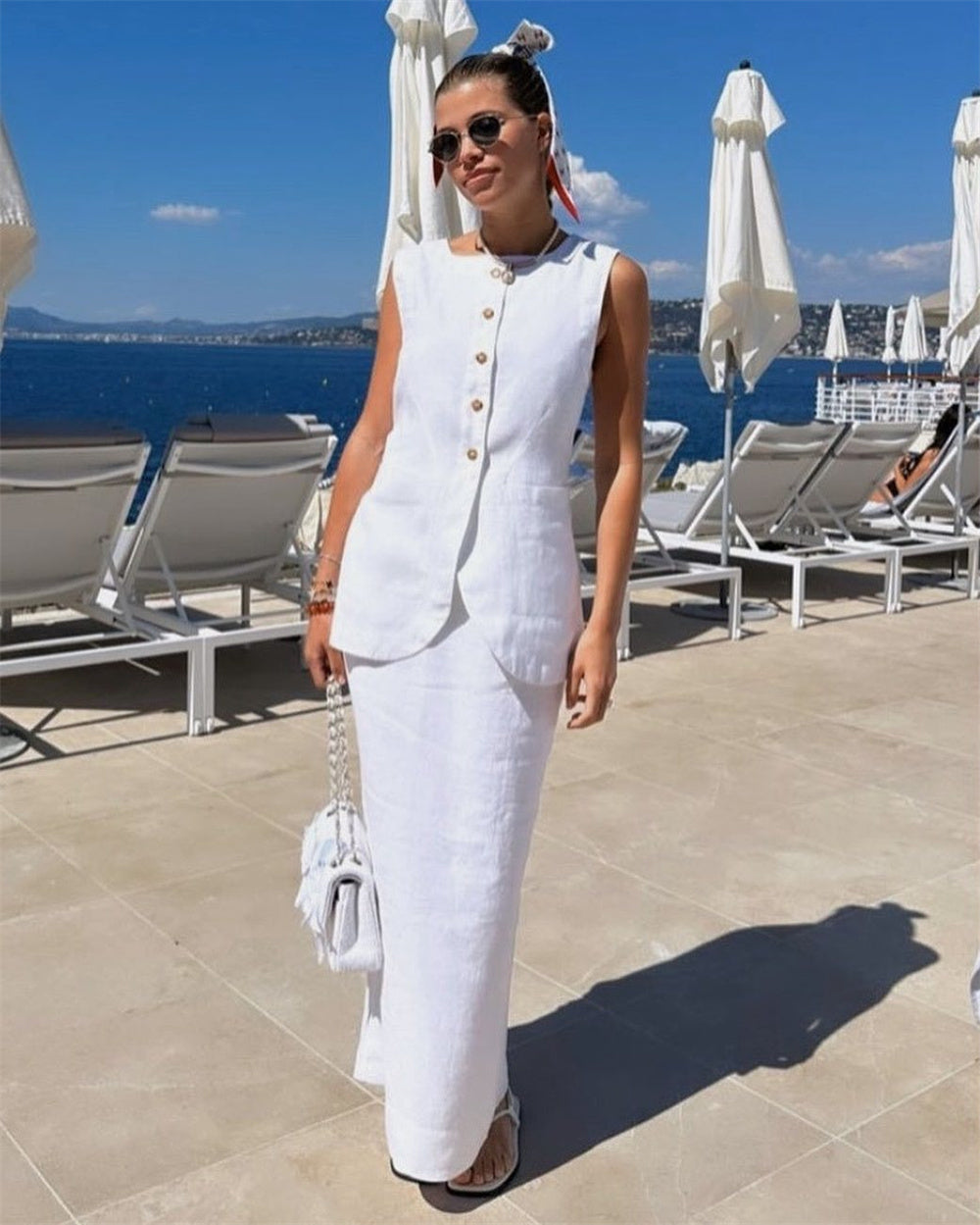 White Cotton Linen Waistcoat Long Skirt Two Piece Set Summer Office