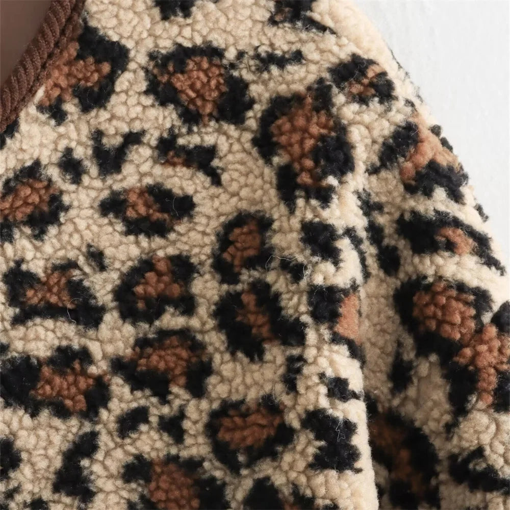 Fleece Leopard Print Jacket with Corduroy Trims