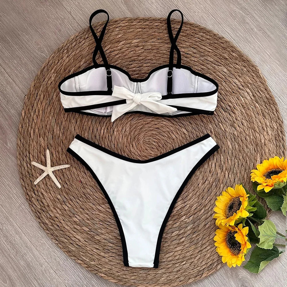 White Bikini With Trims Underwire Two Piece Set