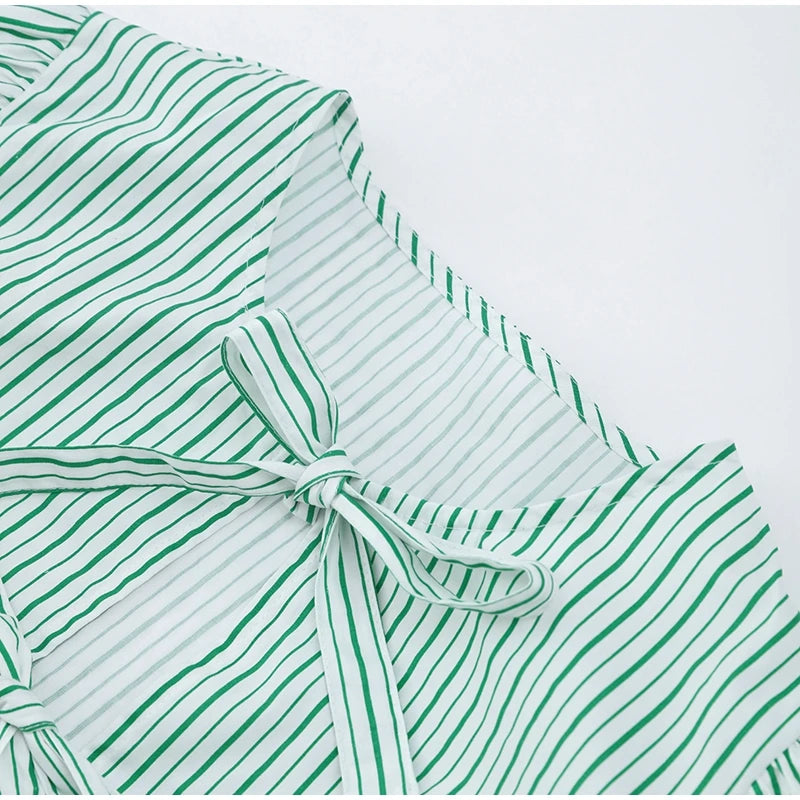 Green Stripes Puff Sleeve Peplum Bow Ties Blouse Short Top