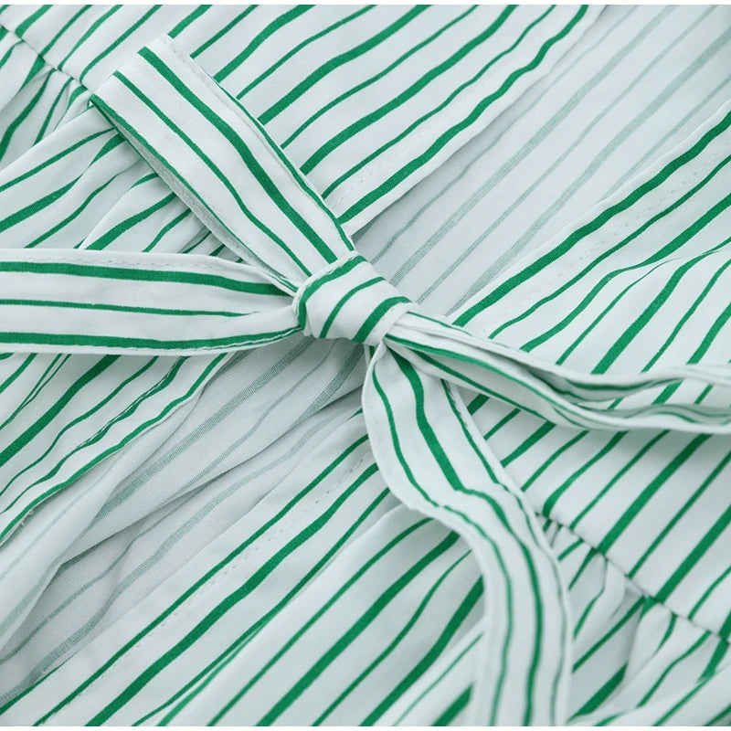 Green Stripes Puff Sleeve Peplum Bow Ties Blouse Short Top