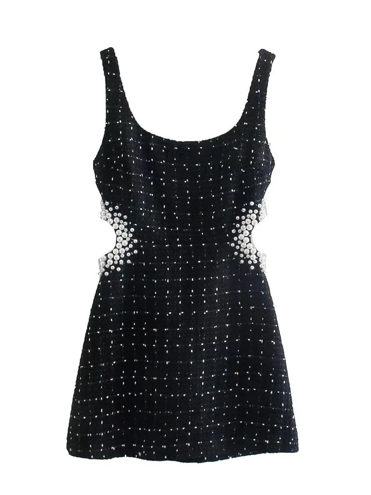 Pearls Cutout Black Boucle Tweed Mini Dress