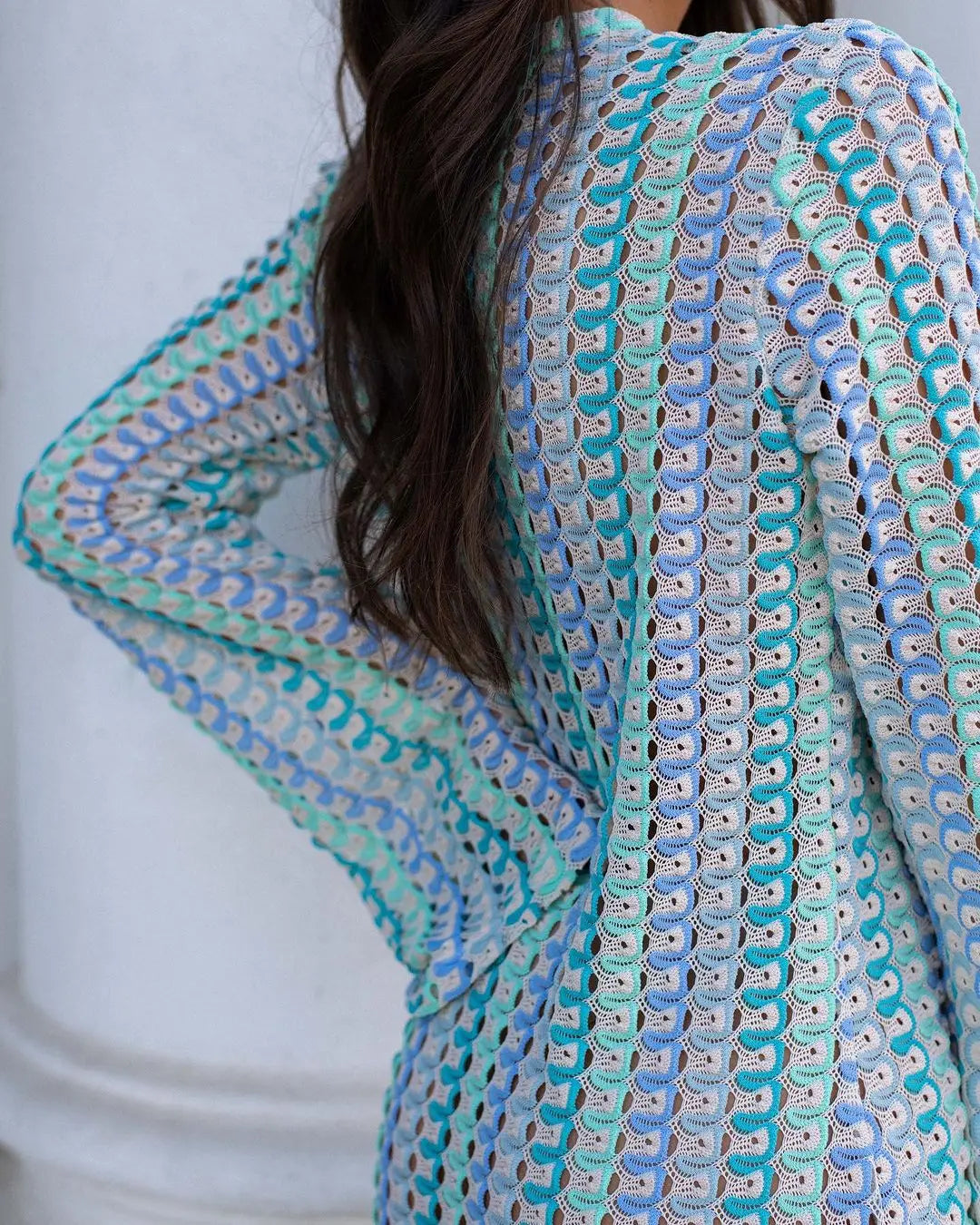Bell Sleeve Striped Hollow Out Knit Long Beach Dress