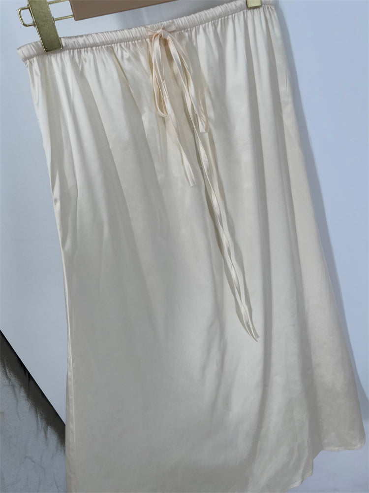 Drawstring Satin Skirt Beige Long Maxi