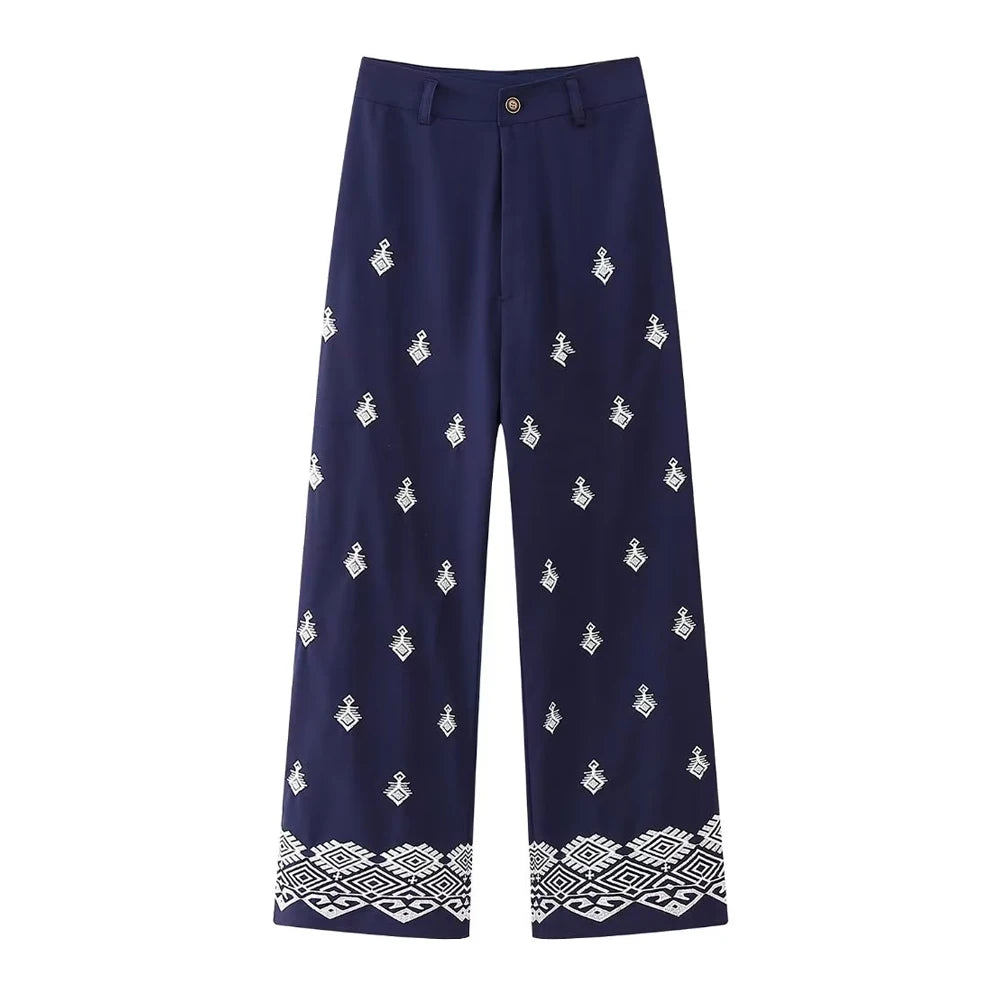 High Waist Wide Leg Embroidered Trousers