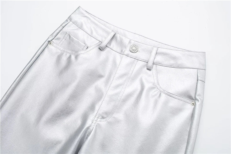 Silver Metallic Trousers Faux Vegan Leather High Waist Pants