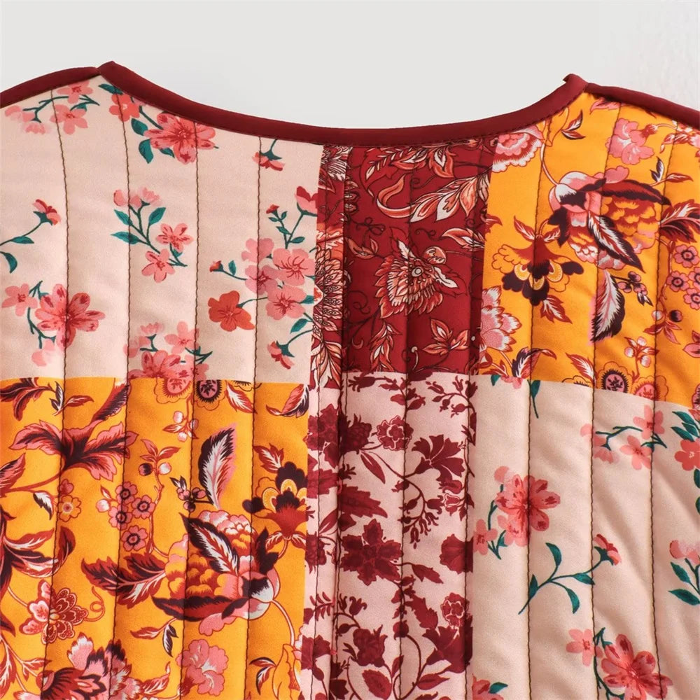 Quilted Warm Florals Patchwork Print Boho Jacket