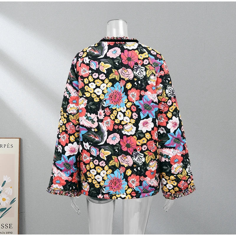 Floral Quilted Kimono Faux Shearling Jacket