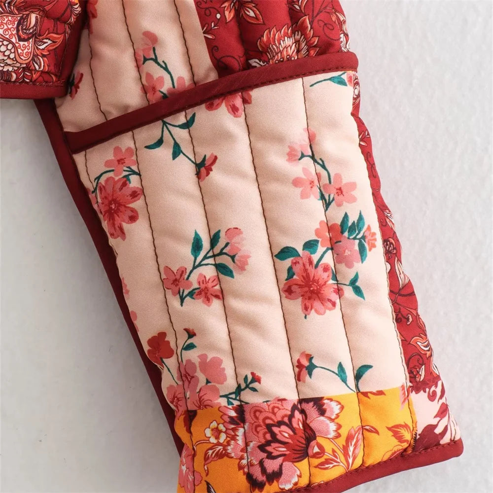 Quilted Warm Florals Patchwork Print Boho Jacket