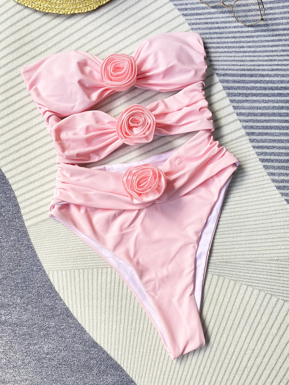 3D Flower Rose Strapless Swimsuit