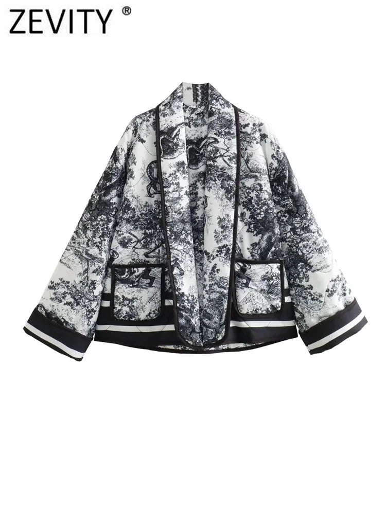 Vintage Ink Painting Print Quilted Oversized Jacket
