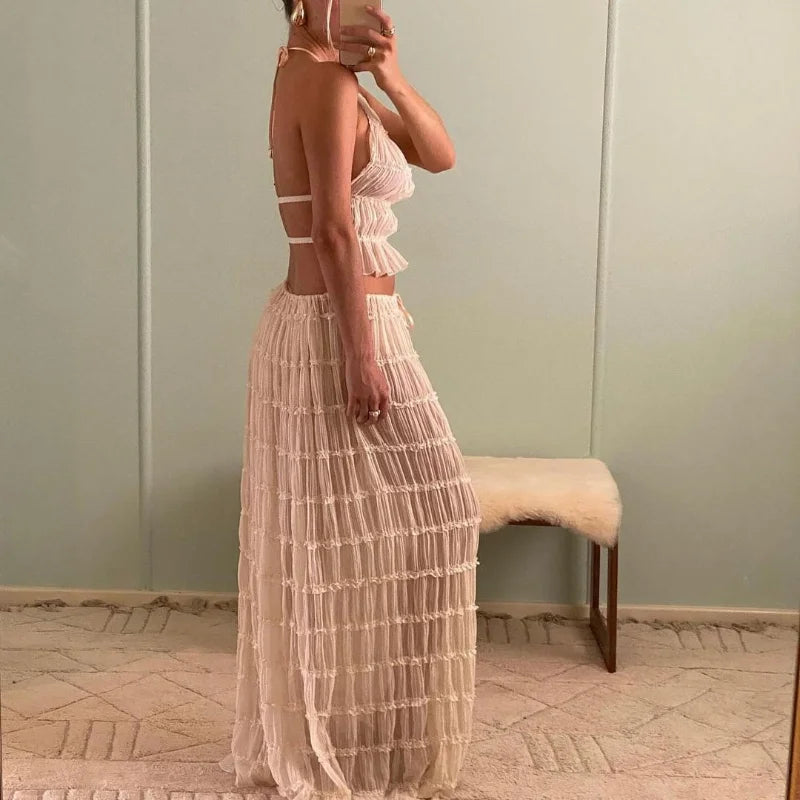 See Through Pleated Halter Crop Top With Low Waist Skirt Set