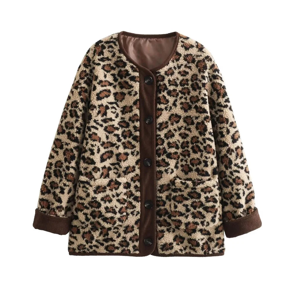 Fleece Leopard Print Jacket with Corduroy Trims