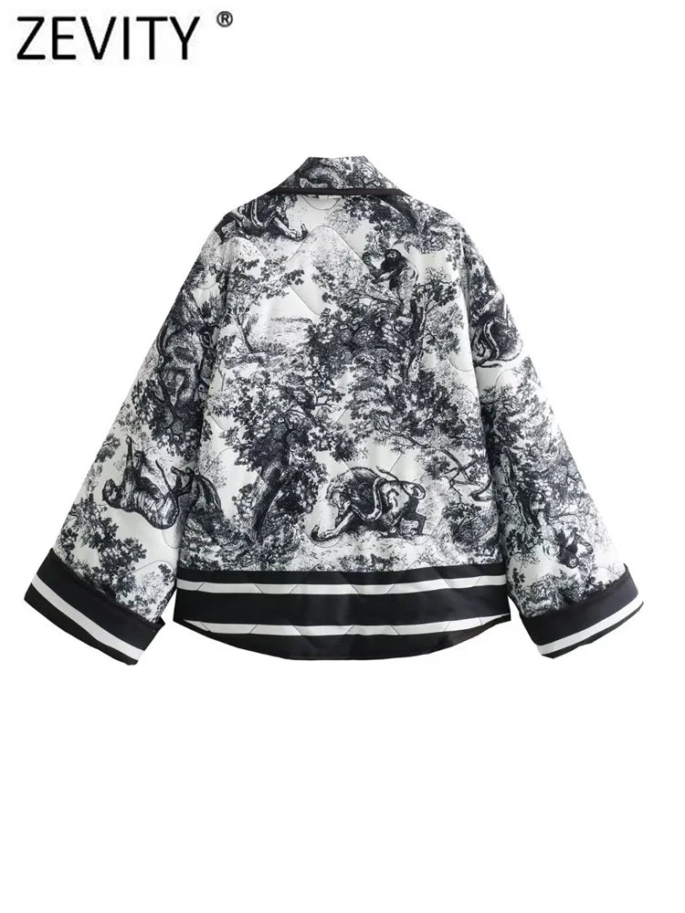 Vintage Ink Painting Print Quilted Oversized Jacket