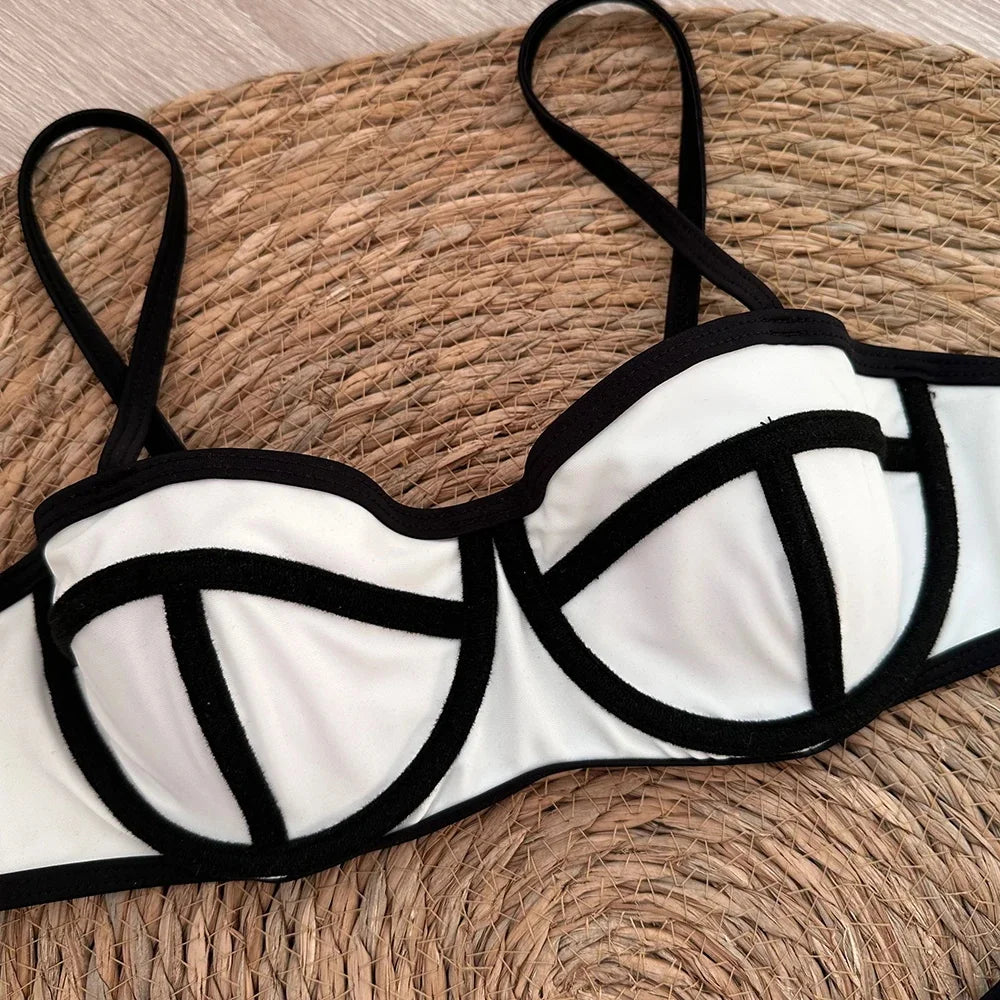 White Bikini With Trims Underwire Two Piece Set