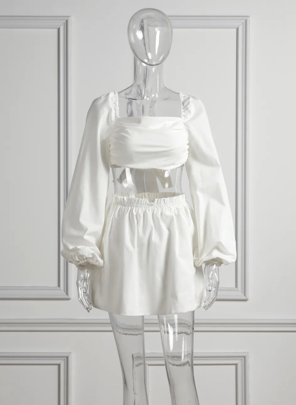 Puff Sleeve Crop Top With High Waist Mini Skirt Set