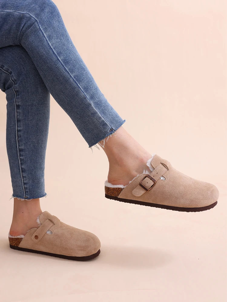 Faux Suede Slip On Clog Shoes with Fur