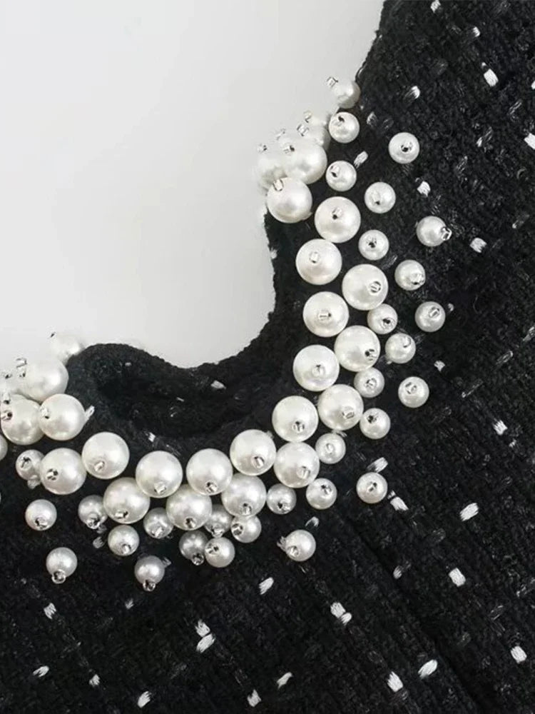 Pearls Cutout Black Boucle Tweed Mini Dress