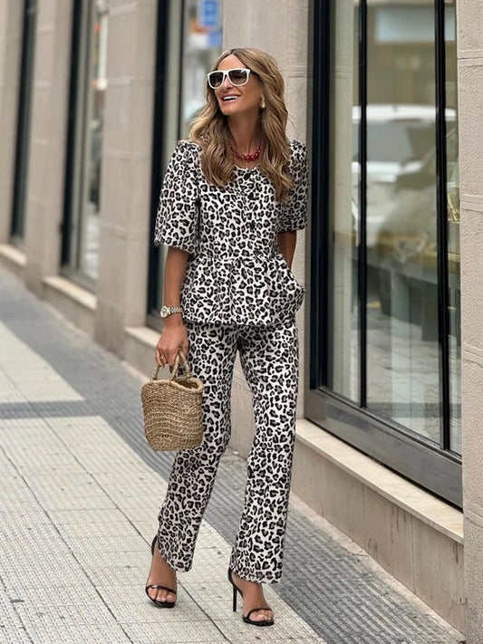 Leopard Print Trousers with Elastic Waistband