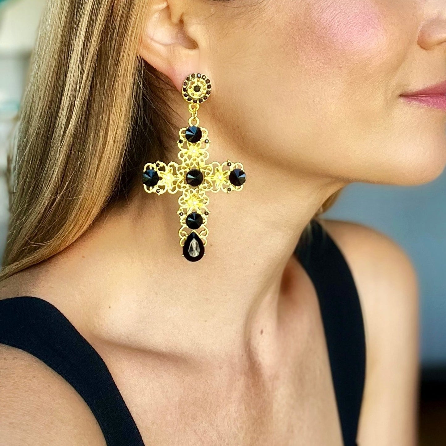 La Bendita Baroque Cross Gems Earrings