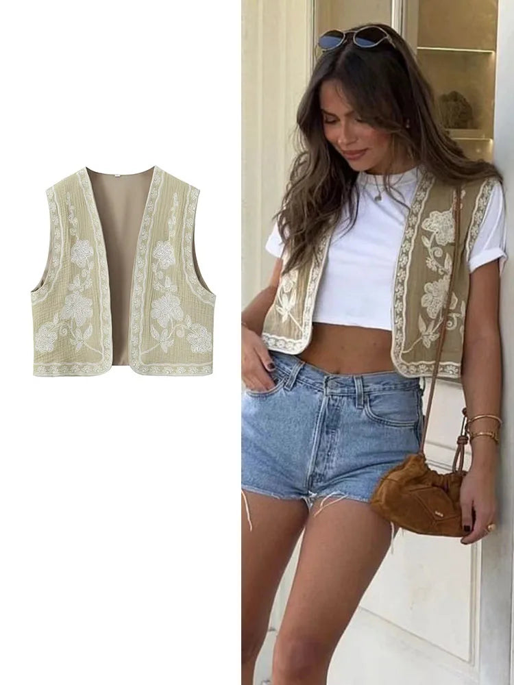 Khaki Embroidered Gilet Waistcoat