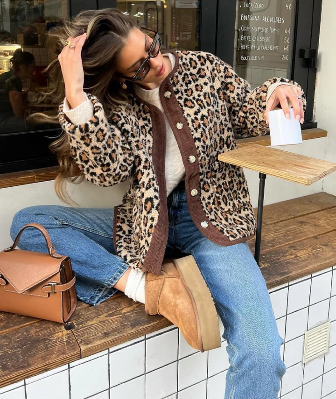 Fleece Leopard Print Jacket with Corduroy Trims