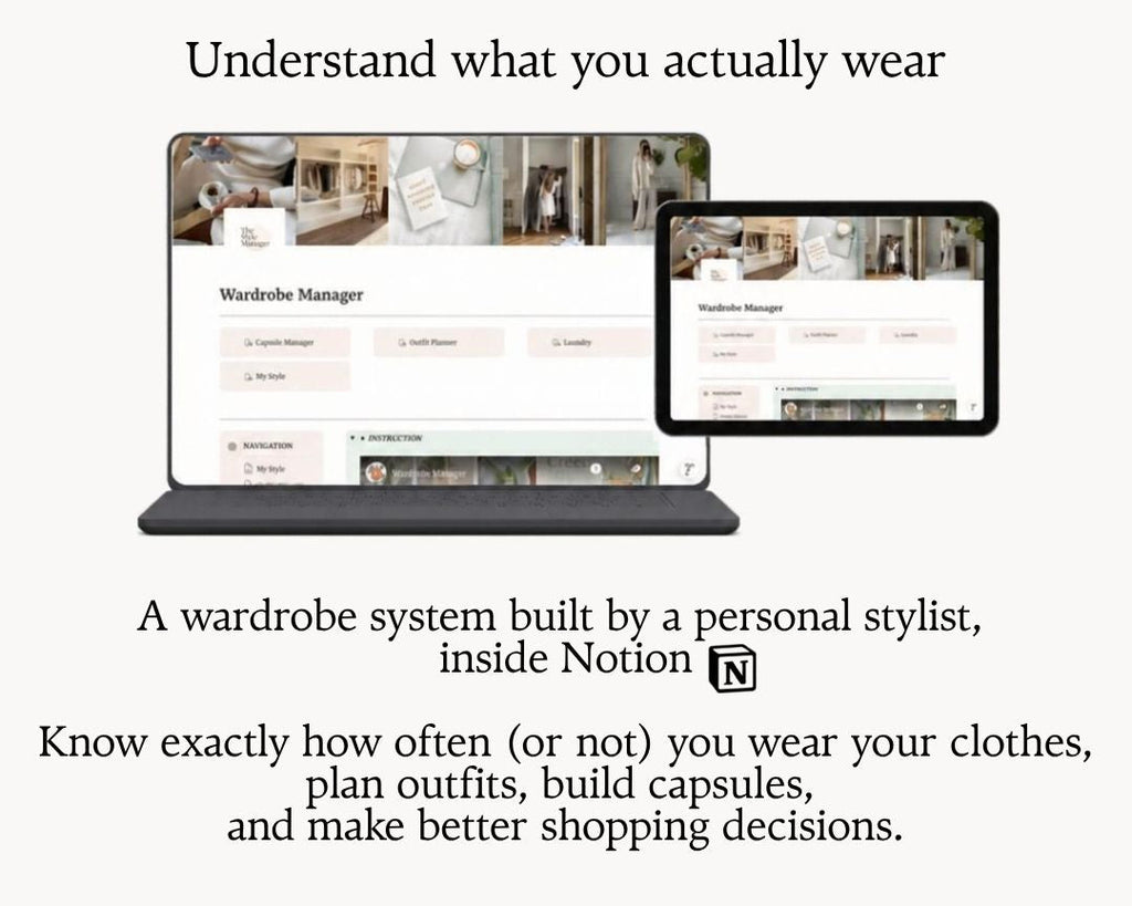 Promotional graphic for a Notion wardrobe planner template, showing a laptop and tablet mockup with the interface on a light beige background and black text explaining the product.