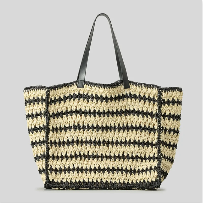 Raffia Straw Tote Bag with Stripes