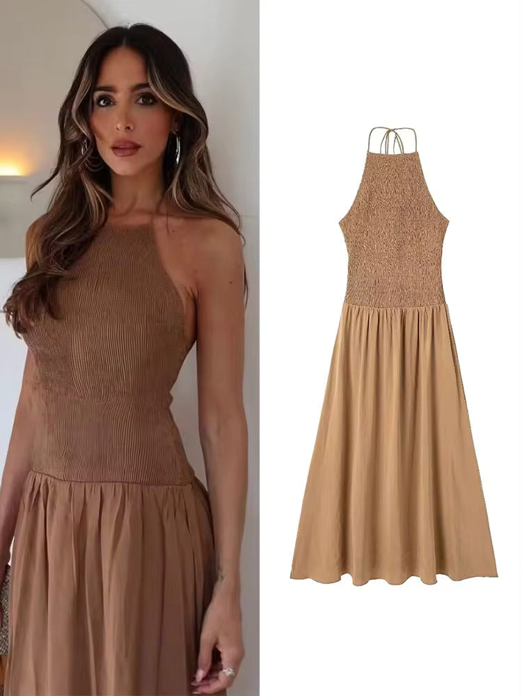 Brown Smock Low Back Midi Dress