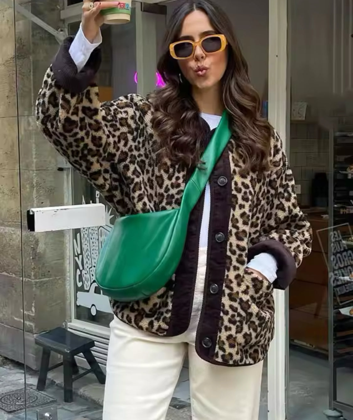 Fleece Leopard Print Jacket with Corduroy Trims