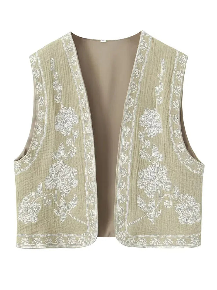 Khaki Embroidered Gilet Waistcoat