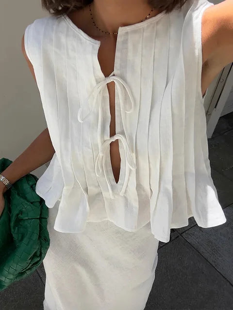 Sleeveless Pleated Top with Strings