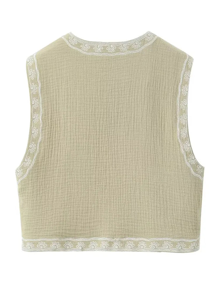 Khaki Embroidered Gilet Waistcoat