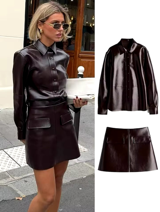 Brown Faux Patent Leather Skirt and Shirt