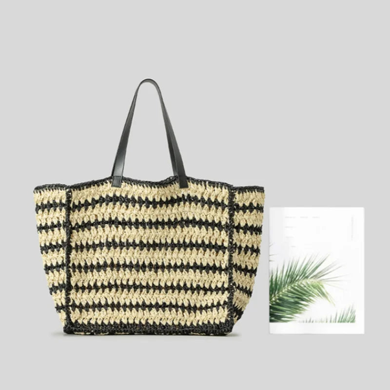 Raffia Straw Tote Bag with Stripes