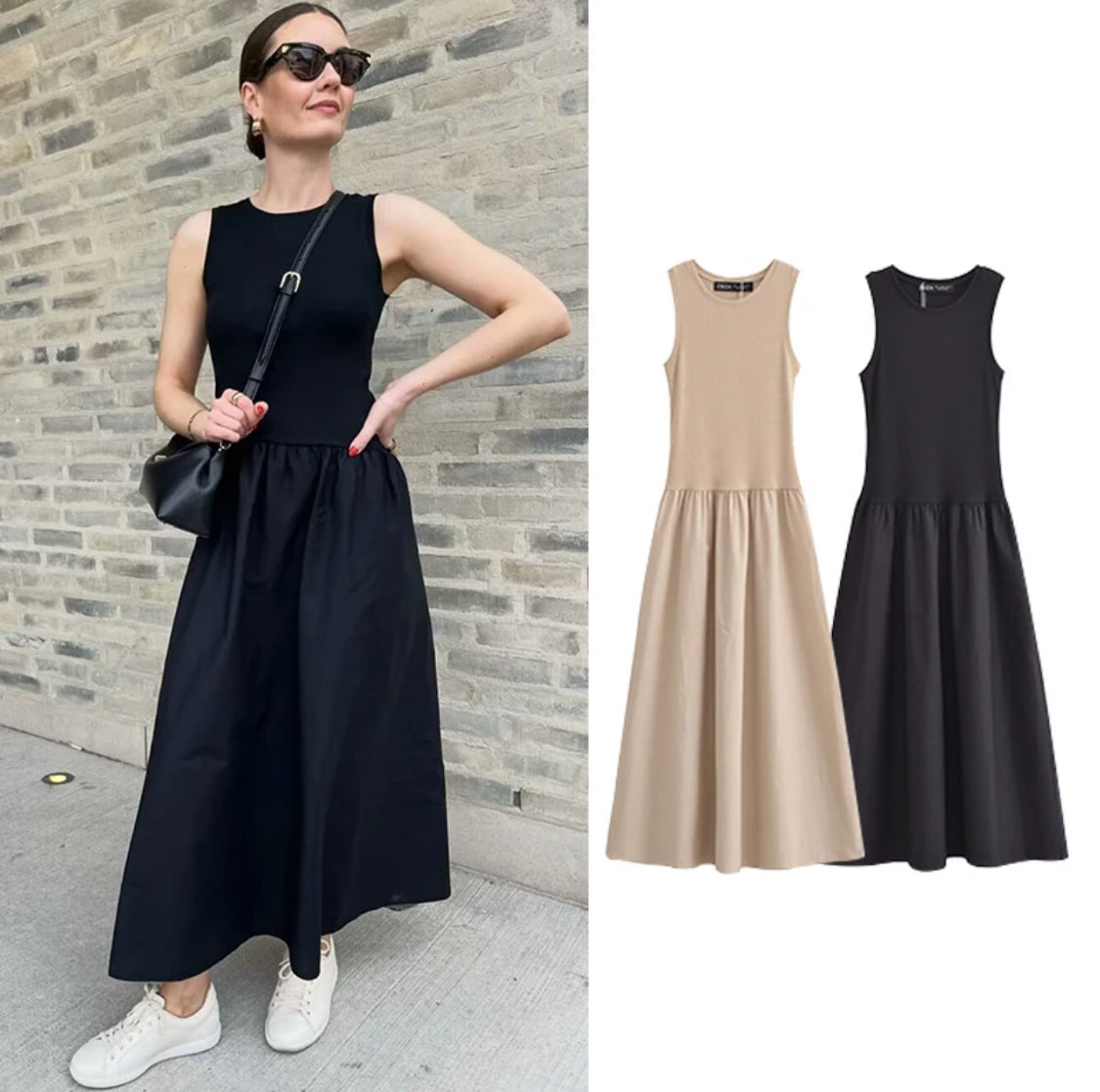 Contrast Round Neck Midi Dress