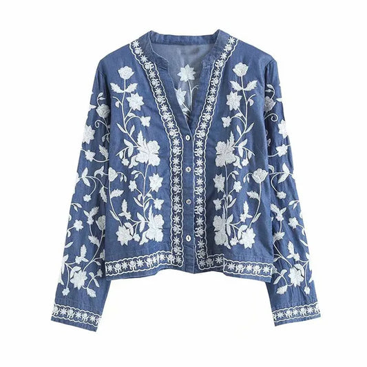 Embroidered Denim Long Sleeves Shirt