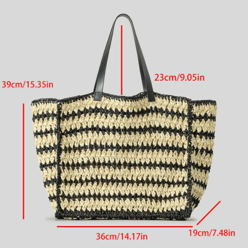 Raffia Straw Tote Bag with Stripes