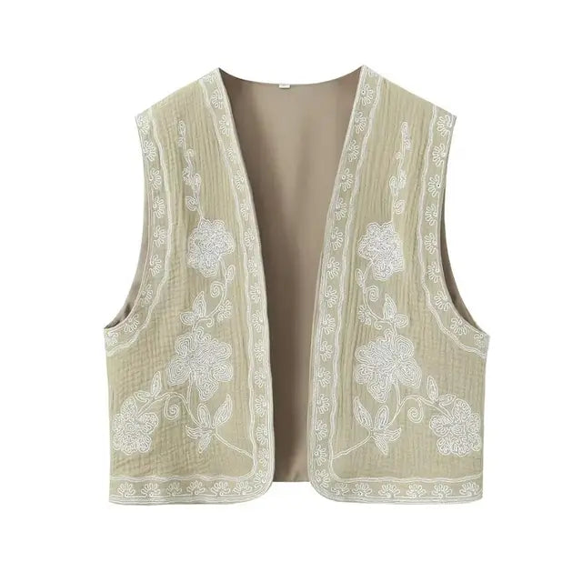 Khaki Embroidered Gilet Waistcoat