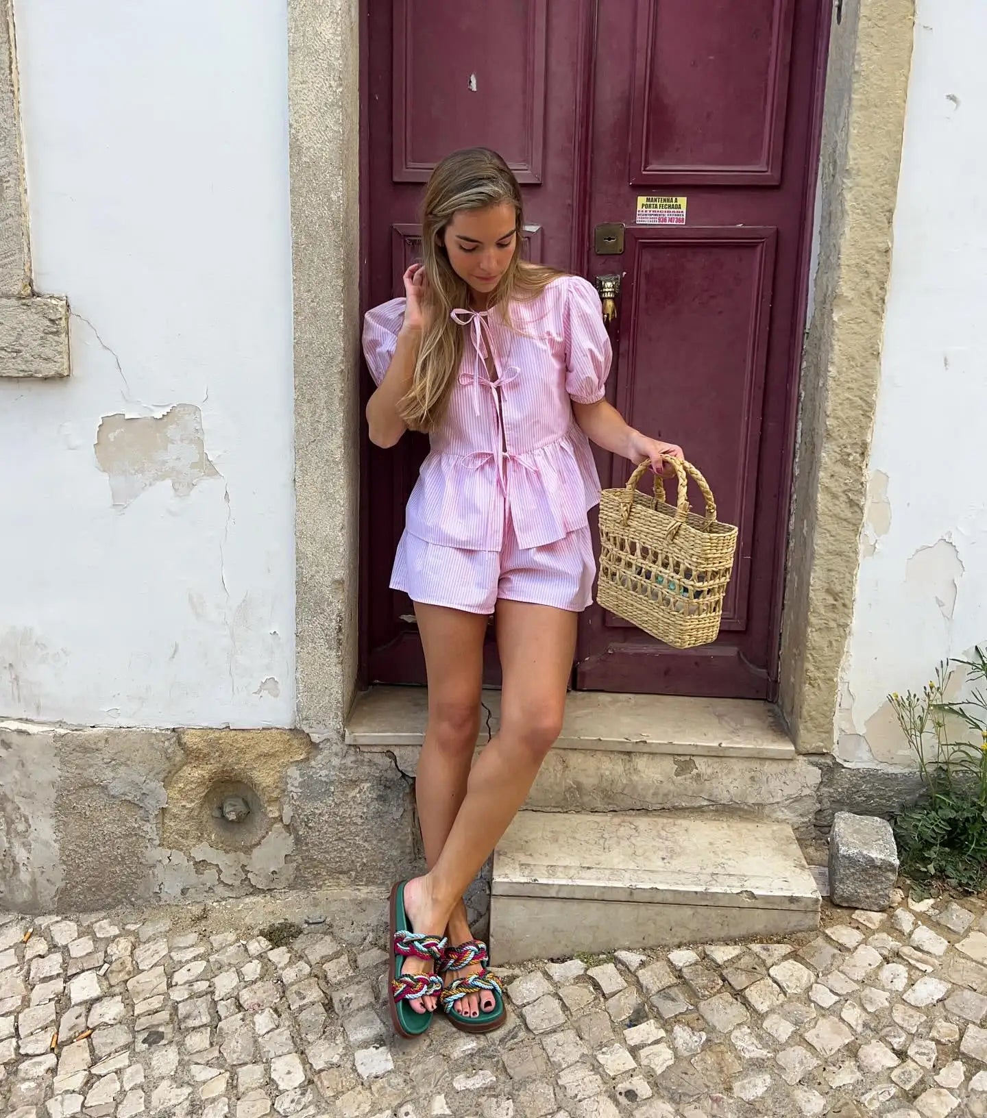 Pink Casual Pyjamas Style Set Blouse and Shorts