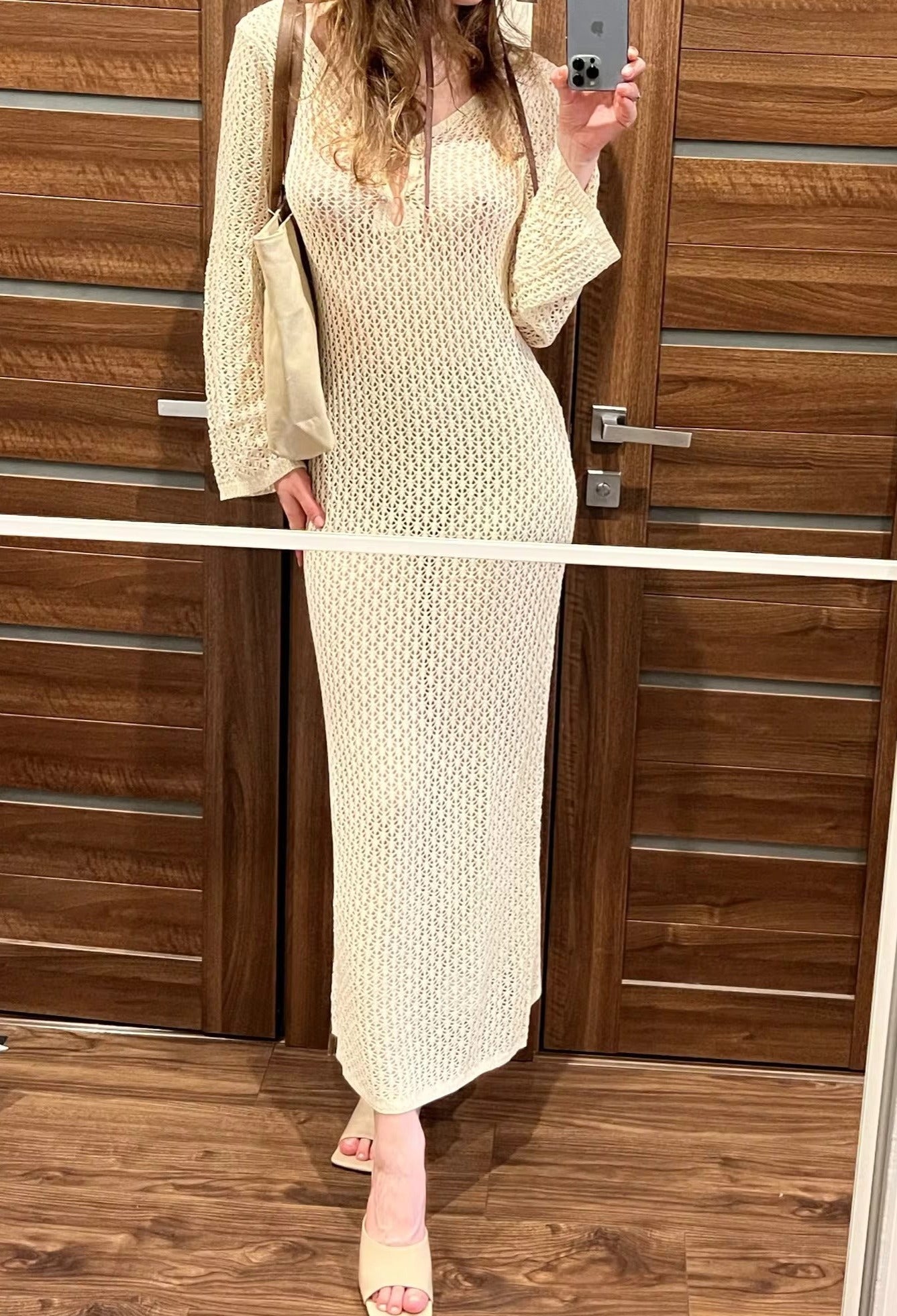 Long Sleeves Knit Beach Dress with Metal Hook Detail