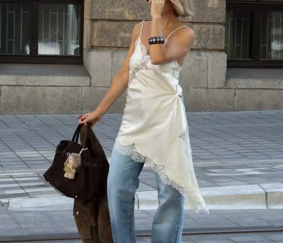 Asymmetric B&W Satin Lace Slip Dress the style manager