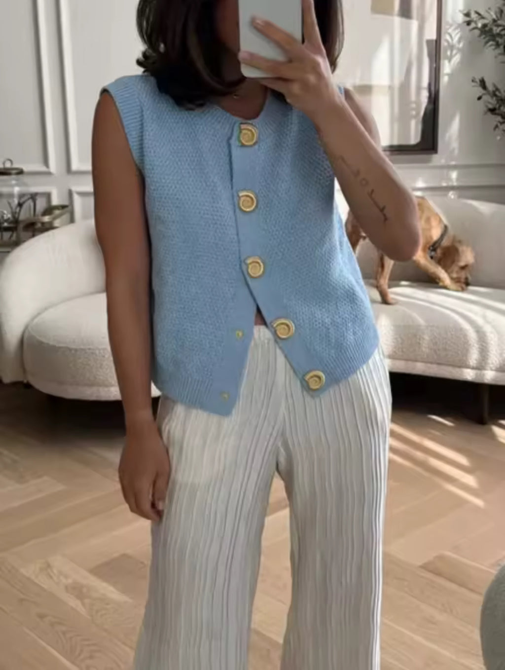 Blue Chunky Knit Gilet with Seashell Buttons the style manager